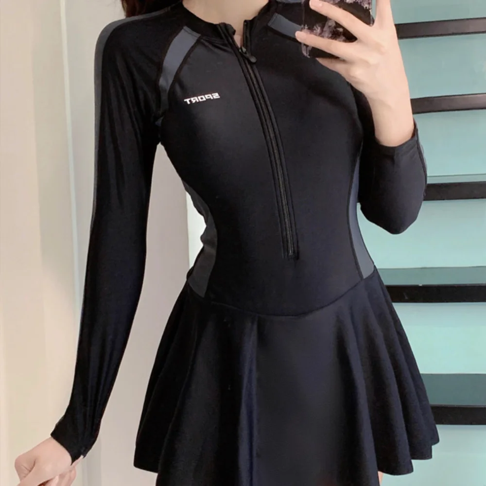 Letter Long Sleeve Zipper Skirt Swimsuit Beachwear Color Blocking Hot Spring Swimwear Ins Sun Protection Swimming Pool Swimwear image 2