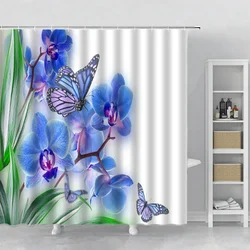 Flowers and Butterflies Shower Curtain Beautiful Blue Floral Bathroom Curtain Bathroom Set Hook Polyester Fabric Hanging Cloth