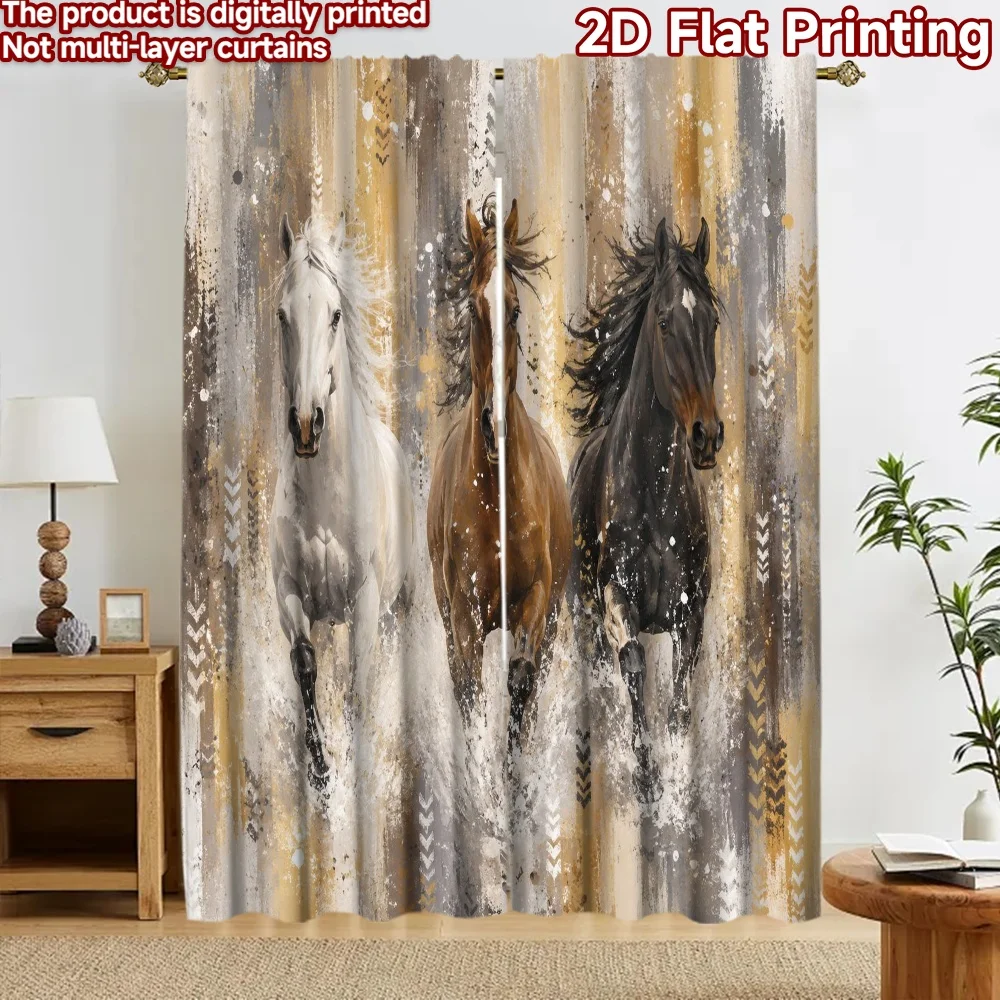 2D flat 2pcs Curtain Vintage drapes Curtains Running Three Horses Durable polyester fiber Party & Holiday Decor for Photo Booths