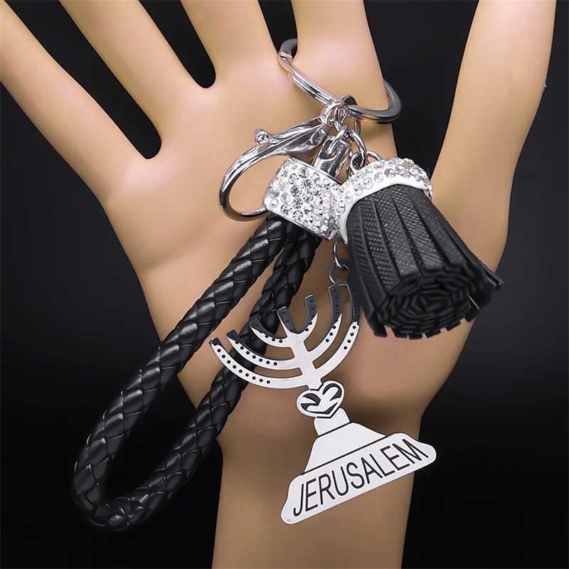 Hanukkah Menorah Candles Jerusalem Stainless Steel Pendant Keychain for Women Men Jewish PU Leather Silver Color Keyring Jewelry