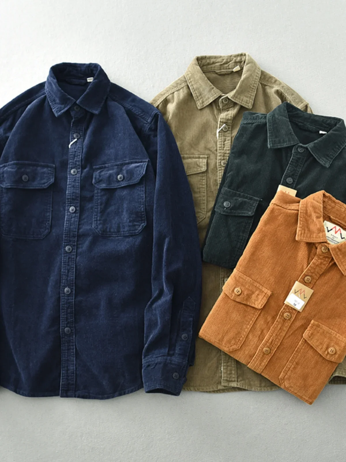 American vintage Heavy Amekaji Corduroy Men's Shirts Long sleeve Loose Cargo Bags Casual Shirt Outerwear XT34