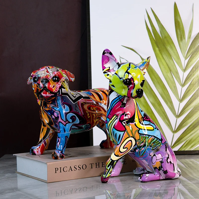 

European Resin Handicraft Creative Chihuahua Dog Ornaments Colorful Craft Home Office Wine Cabinet Decoration Resin Dog Ornament