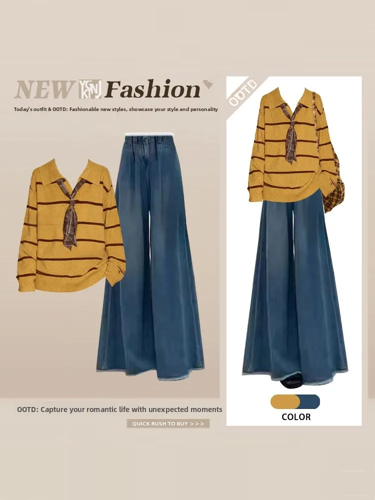 Faionable Winter Outfit Women's Striped Knit Sweater Wide Leg Jeans Set Commute Friendly Sle Long Sve Long Pants