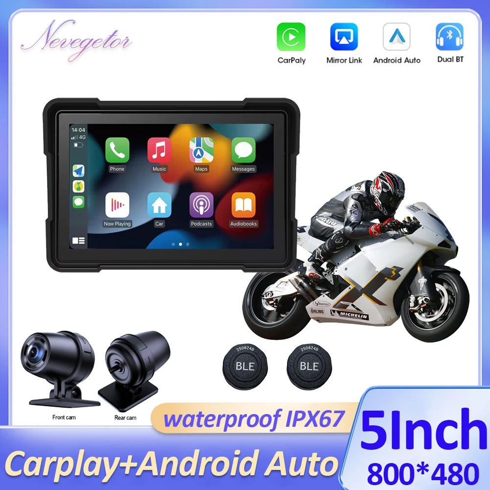

ДЛЯ мотоцикла Carplay водонепроницаемый 1080P 5-дюймовый Wi-Fi беспроводной Android-автоматический видеорегистратор монитор видеорегистратор GPS-навигация TPMS портативный