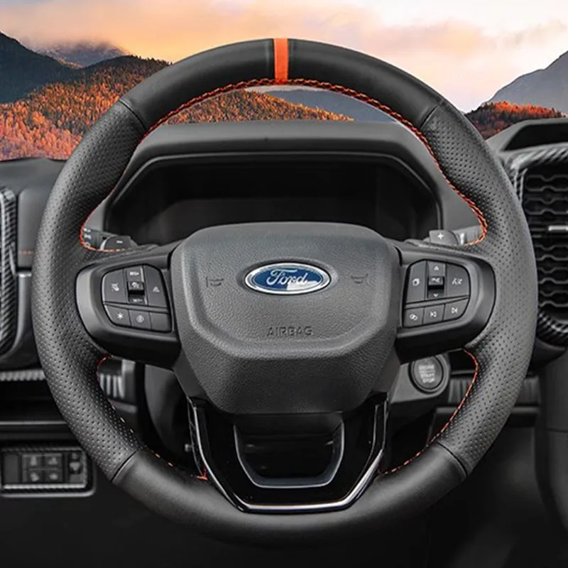 Hand-Stitch Black Genuine Leather Non-Slip Car Steering Wheel Cover for Ford Ranger Everest 2022-2024