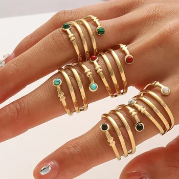 여성용 보헤미안 골드 스테인레스 스틸 상감 천연석 반지, 빈티지 할로우 오프닝 조절 가능, 개성 있는 쥬얼리 