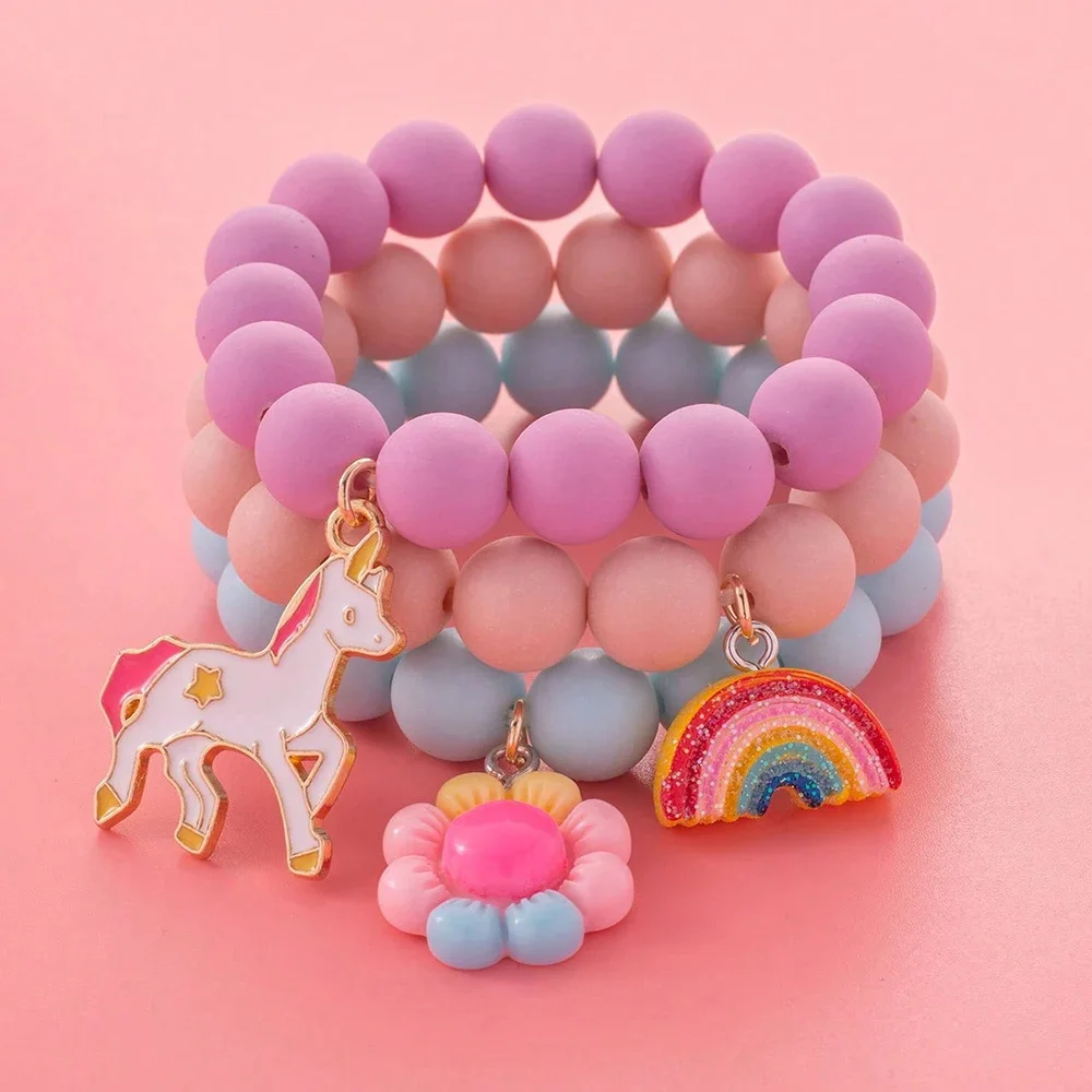 Dopamine Unicorn Rainbow Flower Charm Bracelet For Girls Sweet Multicolor Bead Bracelet 3 PCS Colorful Cute Bracelet Sets