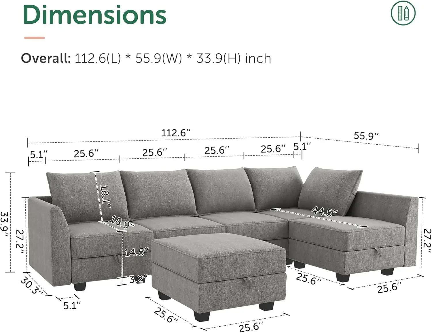 Convertible Sectional Sofa with Ottman Set Modular Sectional Couch with Chaise L Shaped Sofa with Storage for Living Room, Grey