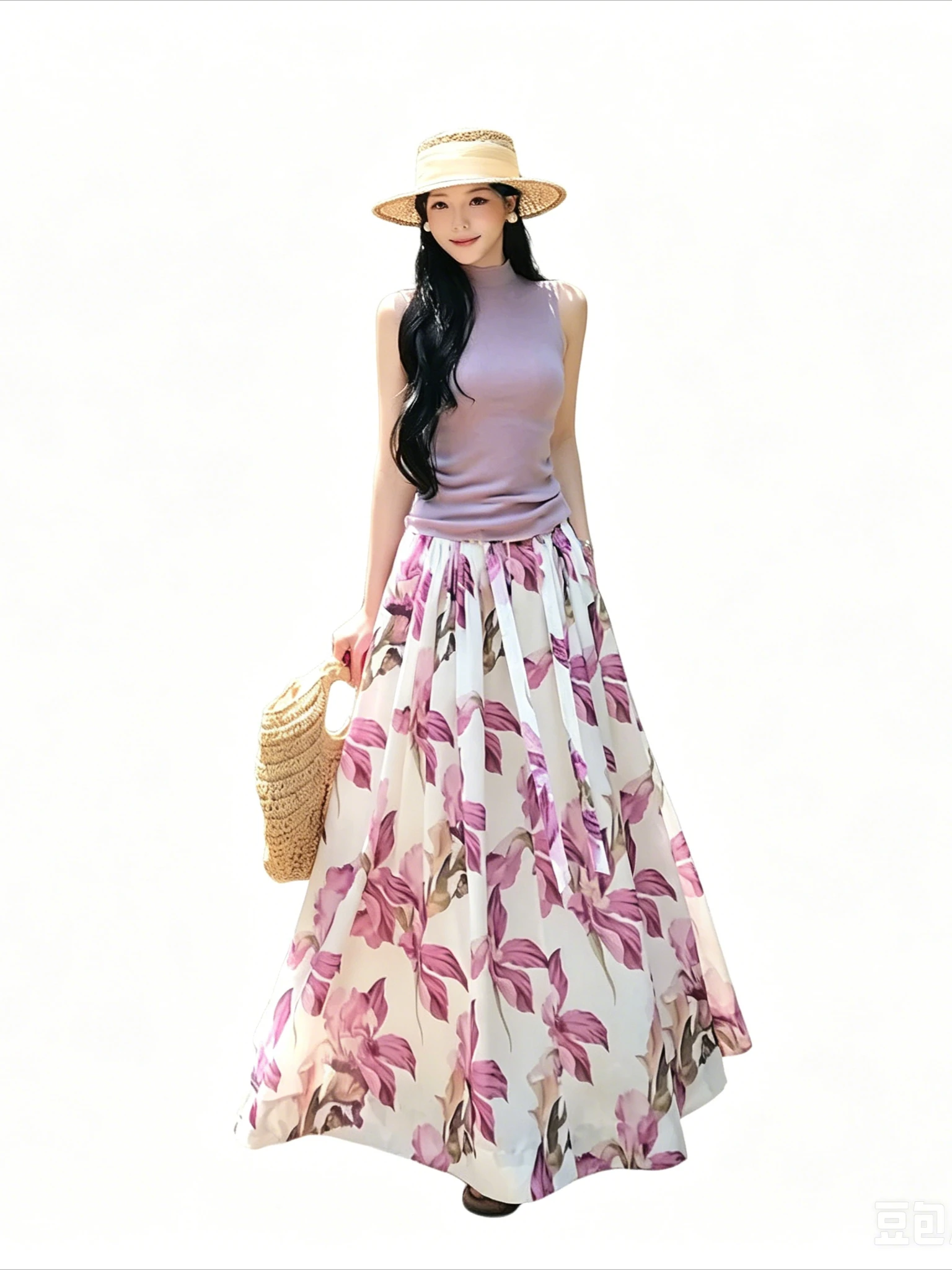 Purple Watercolor Floral Maxi Skirt Elastic Drawstring High Waist Flowy Pleated Swing Long Skirt Summer Boho Vacation Casual Y2K