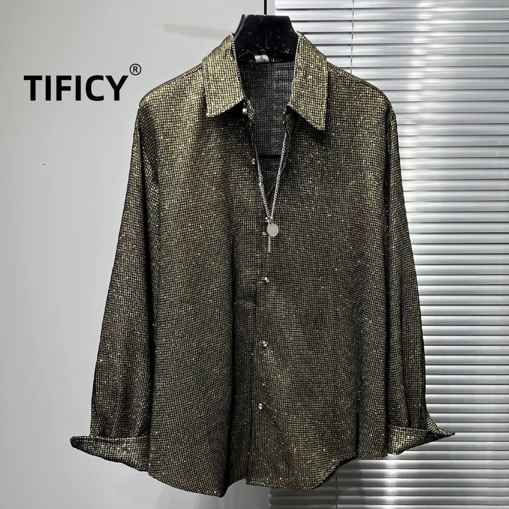High Street Personalized Shiny Diamond Sparkling and Handsome Shirt Men's Dark and Loose Stage Performance Shirt