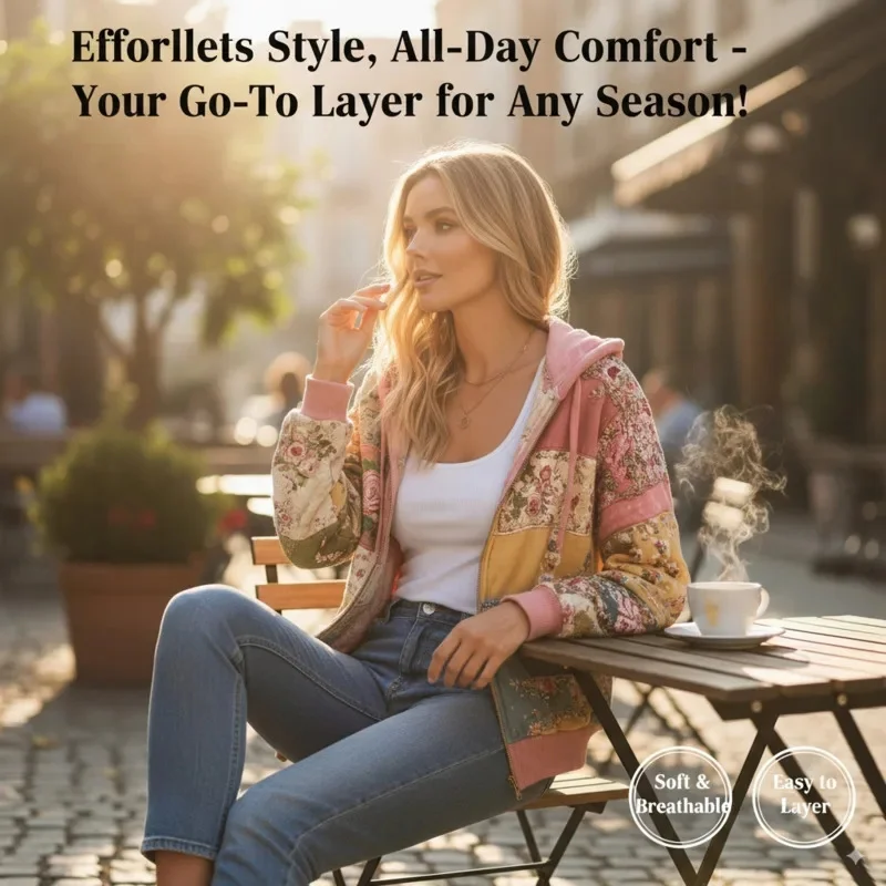 

Casual Flower Hoodie Top Women Autumn Spring French Y2K Hoodie Floral Print Hoodie Loose Thin Polo Neck Coat Oversized Top New