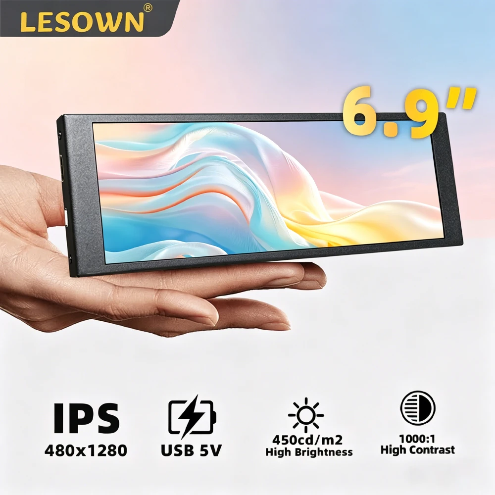 LESOWN 6.9/7.9 Inch Touch Bar Monitor 1280×400 Long HDMI Touchscreen Display for Raspberry Pi PC Hardware Temperature Monitoring