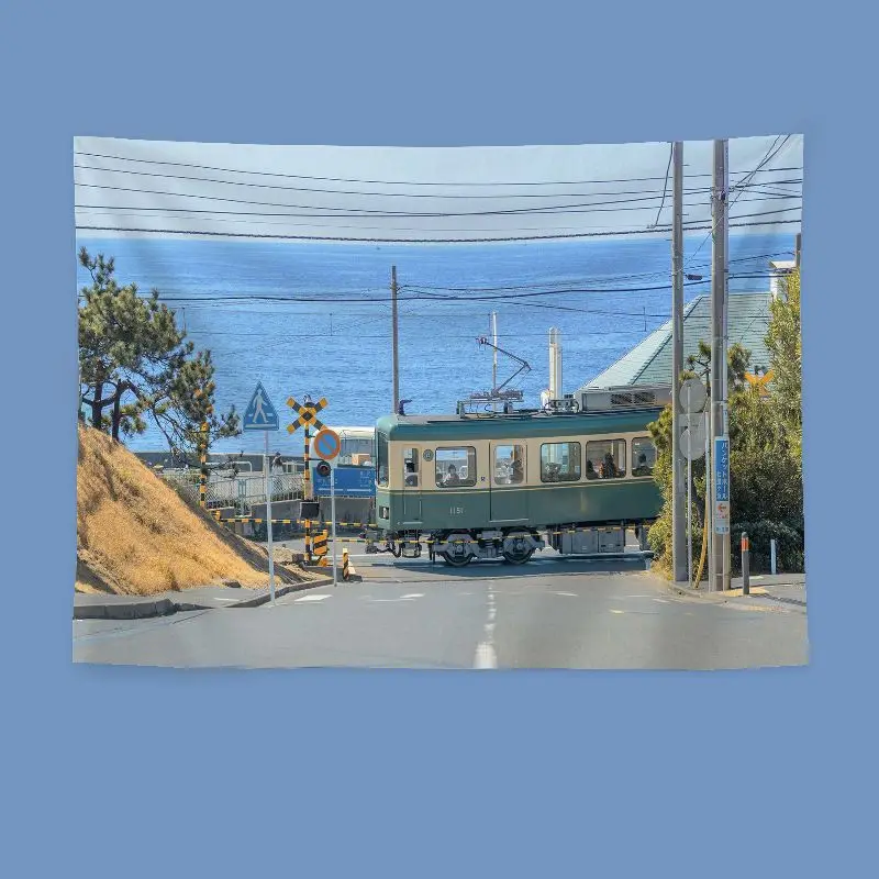 VIKAMA Japanese Bridge Tram Scenery Tapestry, Blue Sky Clouds Riverside Wall Hanging for Bedroom Living Room Dorm Decor
