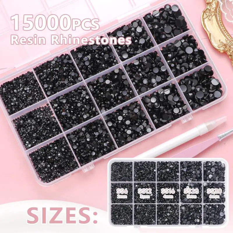 15000Pcs Multicolored  Resin Jelly Rhinestones, 2-6mm Flat Back Non-Hotfix Nail Gems with Wax Picker Pen & Tweezers DIY