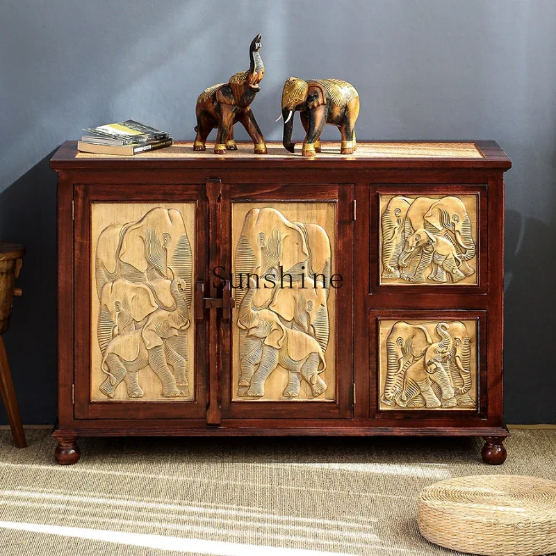 Retro solid wood relief elephant entrance cabinet living room new Chinese locker