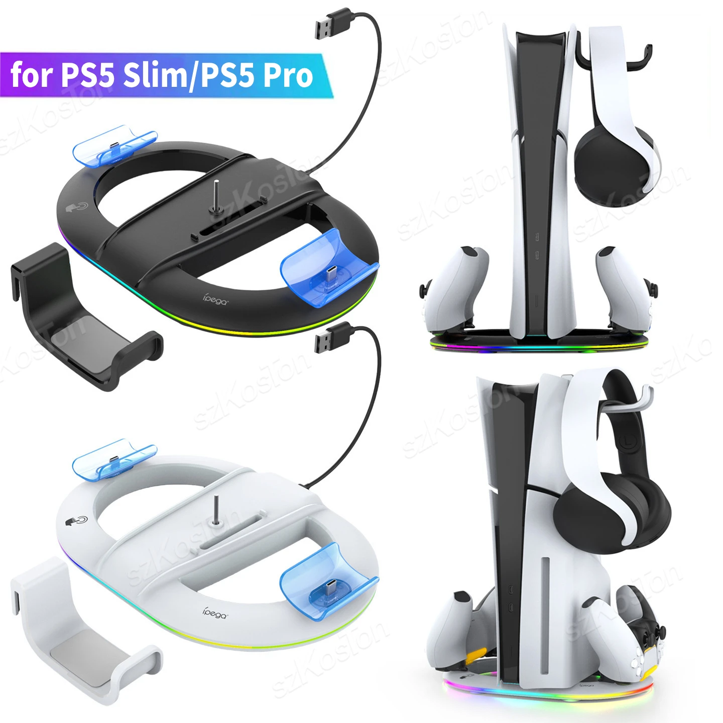 Vertical Stand for PS5 Pro Game Console Dual Controllers Charger Base Stand with Headphone Storage Hook For PS5 Slim Accessories