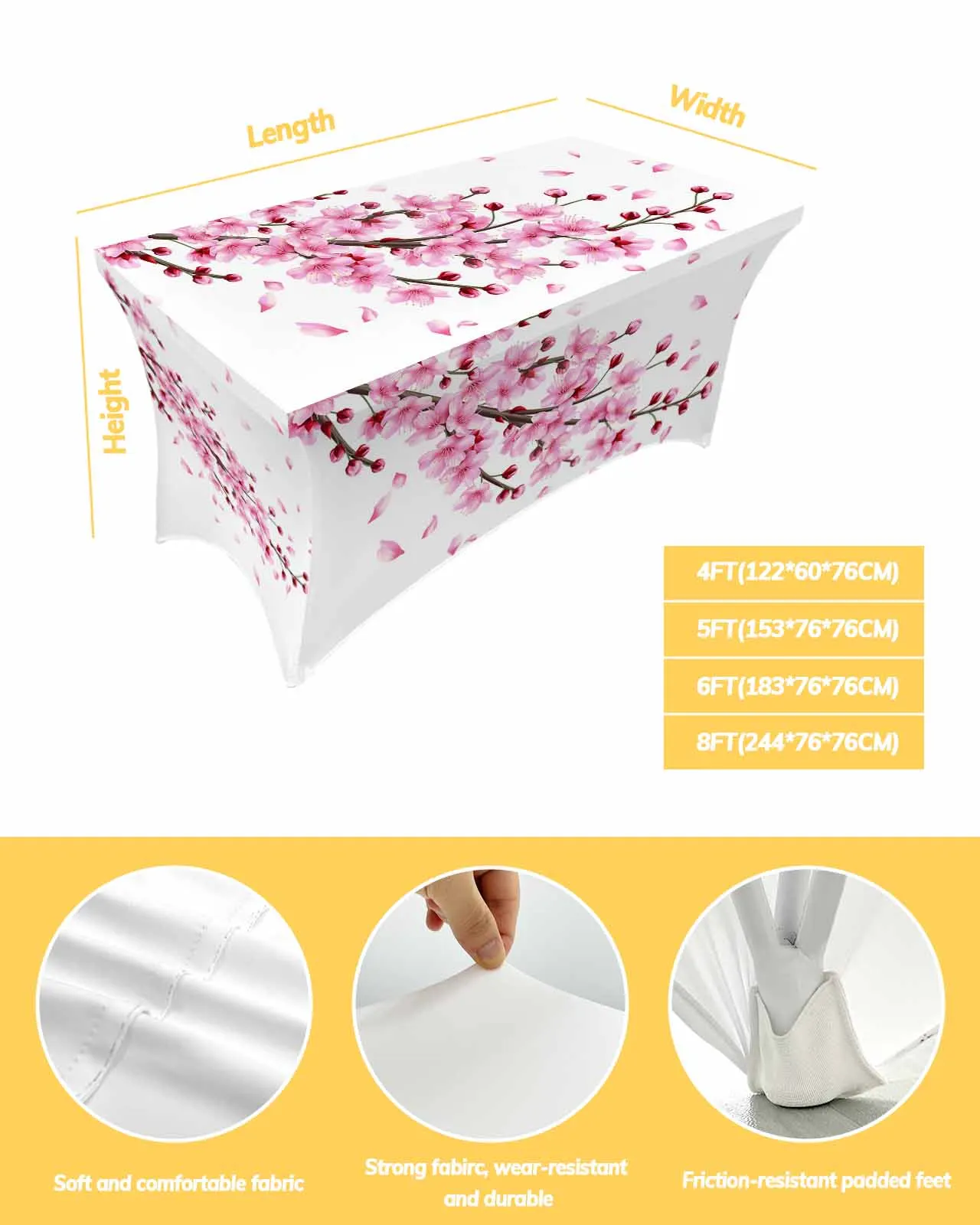 Spring Cherry Blossom Branch Pink Flower Rectangular Elastic Table Skirt Wedding Table Cover Kitchen Dining Table Tablecloth