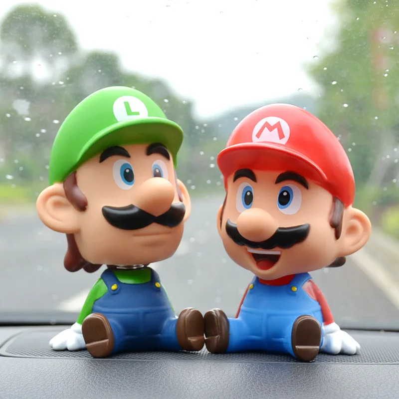 11cm Anime Mario Figures Car Doll Shaking Head Auto Interior Kawaii Tabletop Ornament Bobble Head Kids Toys Child Gift