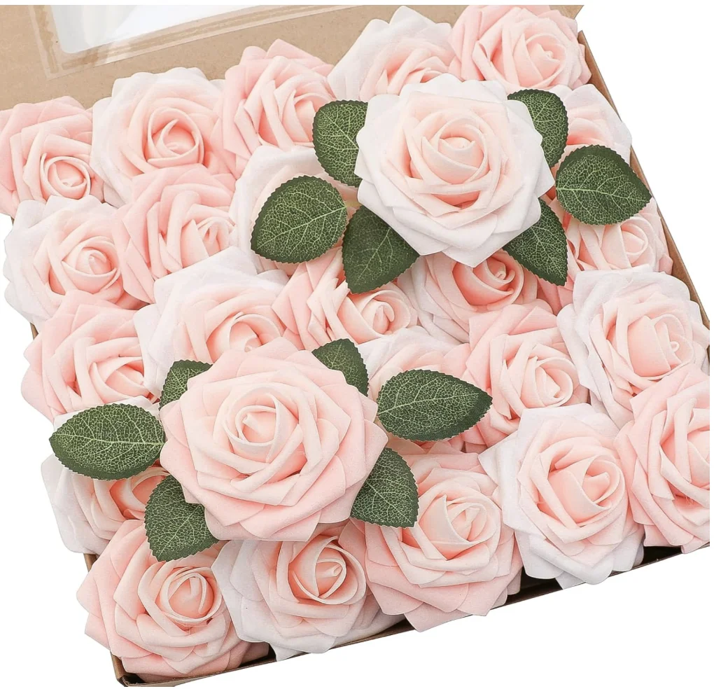 Artificial Flowers 25pcs Real Looking Blush Shades Foam Fake Roses with Stems for DIY Wedding Bouquets Bridal Shower Pink Center