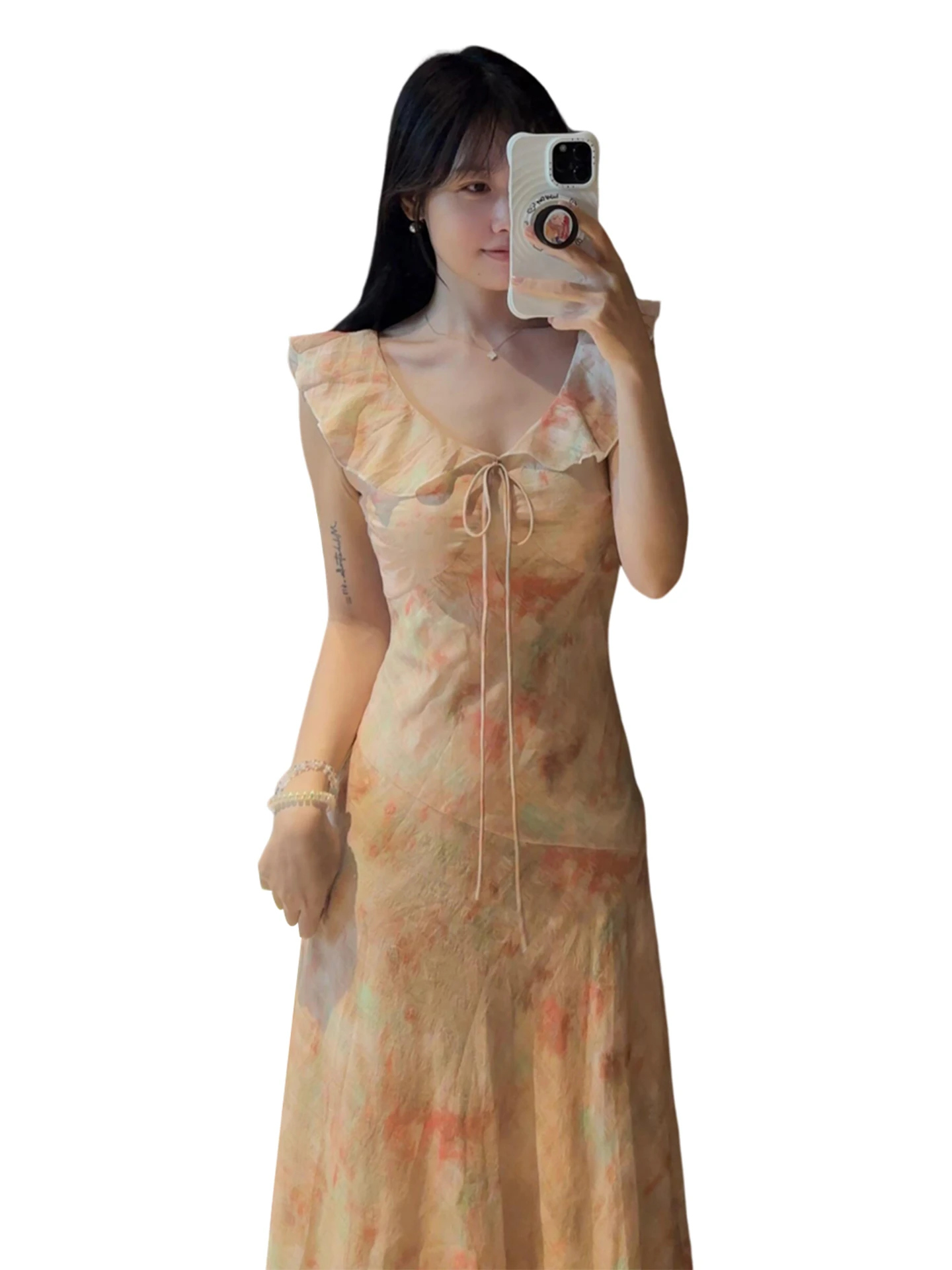 2025년 여름 여성용 부드러운 플로럴 프린트 닥터 롱 A라인 스커트 또는 Sve 하이웨이스트 V넥 캐주얼 스윗 슬레 Kming 브랜드