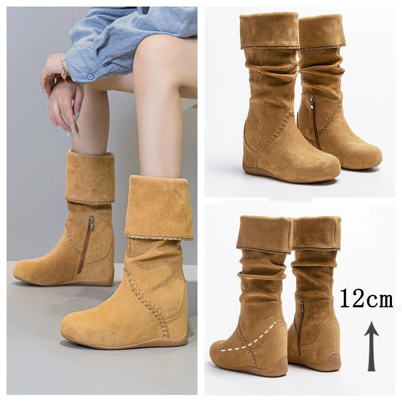 

AUTUSPIN Winter Slim Long Boots for Women Fashion Cow Suede Leather Shoes 12cm Heighten Wedges Heels Chunky Platfrom Botas Woman