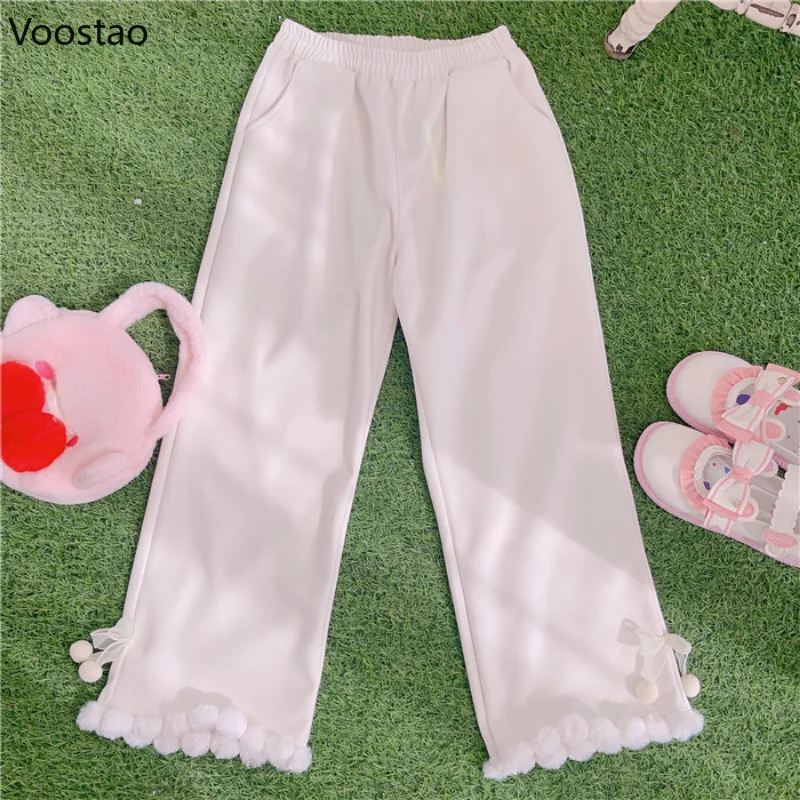 

Autumn Winter Japanese Sweet High Waist Pants Women Casual Kawaii Lace Bow Plush Ball Wide Leg Pants Girls Cute Loose Trousers