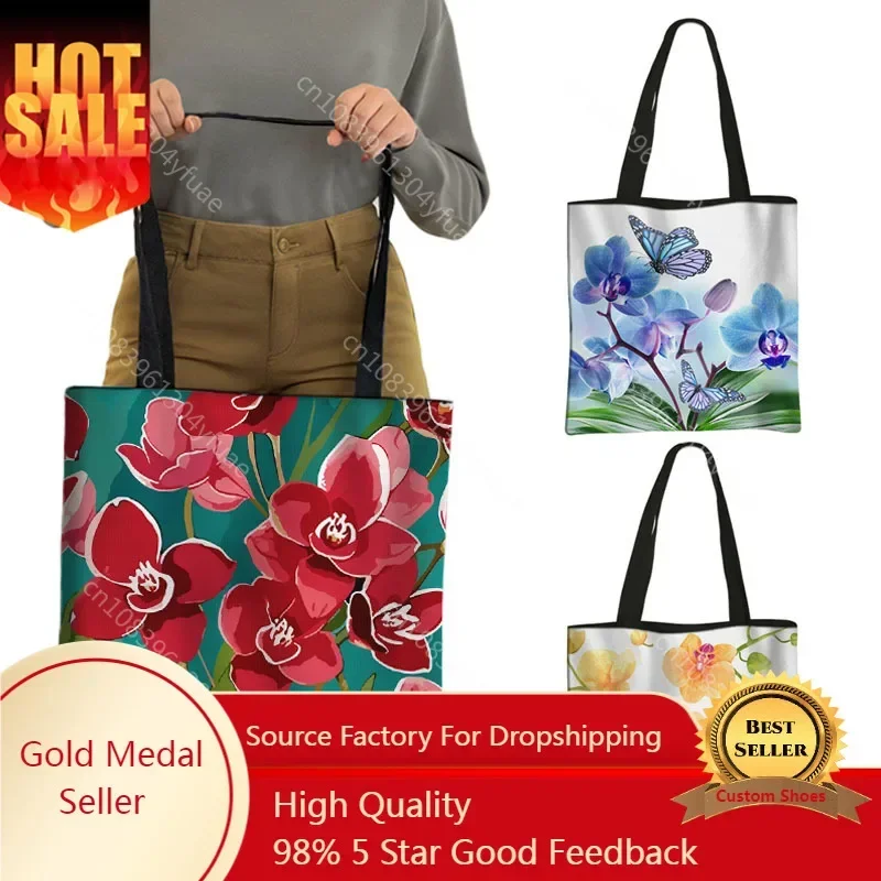

Floral Orchid Pattern Tote Bags Moth Orchids Women Handbag Colorful Flowers Portable Shoulder Bags Eco Reusable Shopper Bag Gift