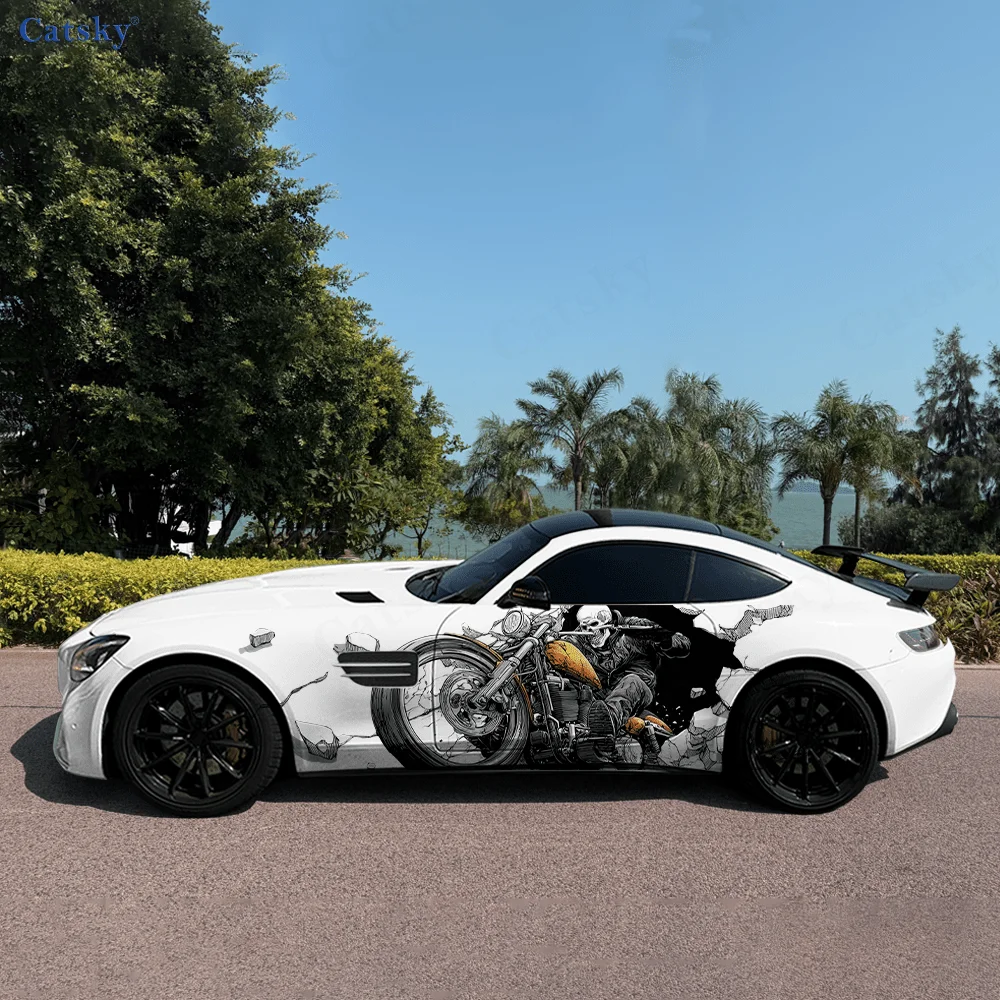 

2pcsMotorcycle Breaking Through Wall Car Side Wrap, Self-Adhesive PVC Waterproof & Scratch-Resistant Sticker, Car Accessory Gift