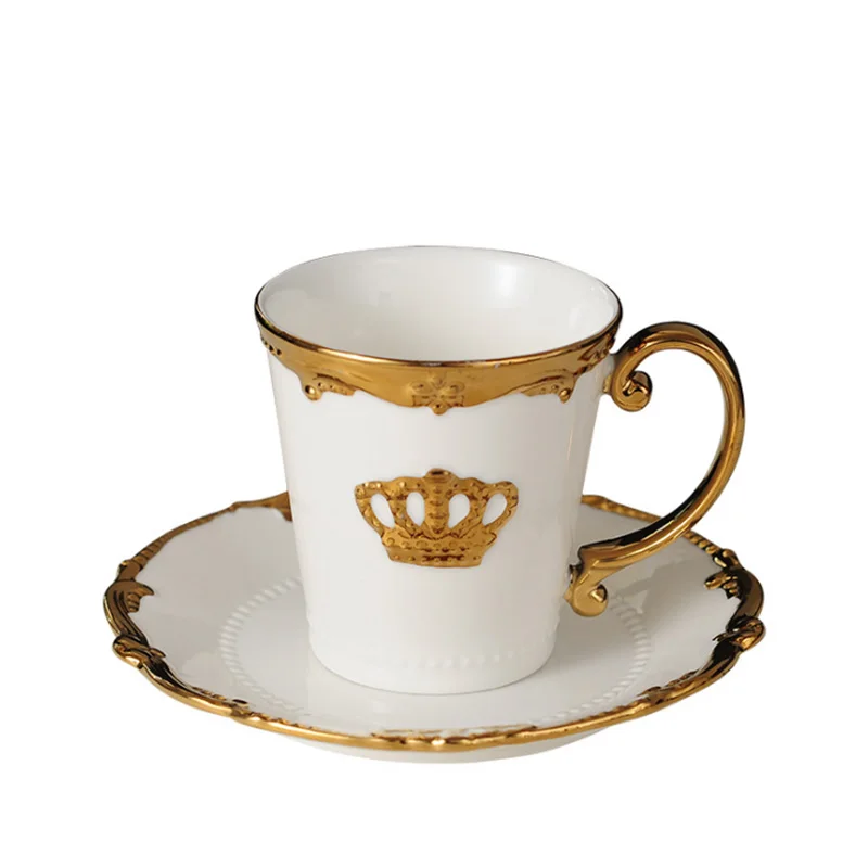 

HF European Bone China Coffee Cup and Saucer Set Royal Luxury Handmade Porcelain Ceramic Crown Teacup