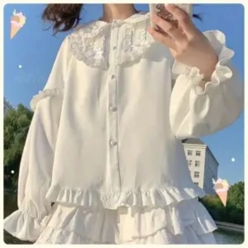 Japanese Lolita Sweet Women's 2024 Spring and Autumn Spliced Doll Neck Button Lantern Sleep Solid Color Long Sleeved Shirt