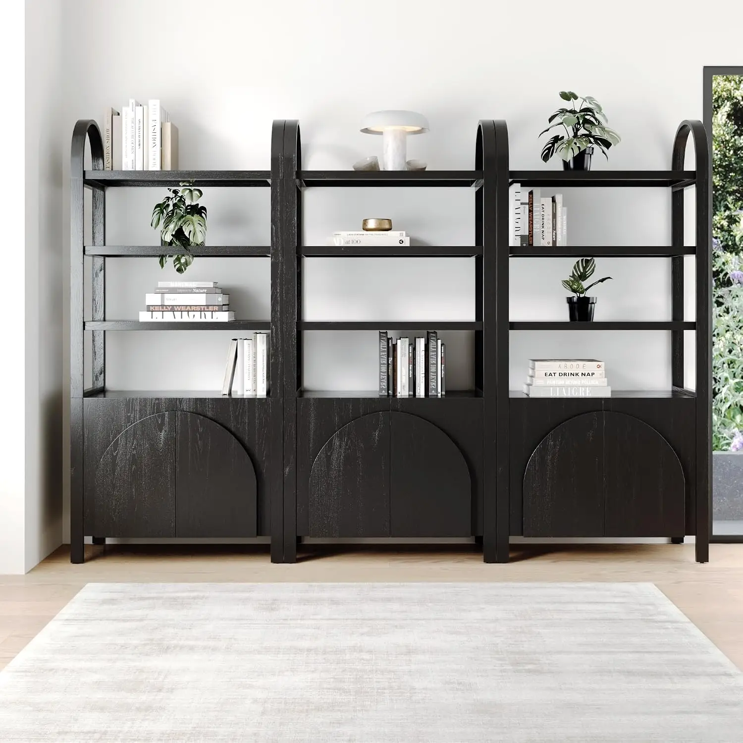 Nathan James Iris 3 Tier Bookshelf, Arched Bookcase Cabinet, Solid Wood Bookcase with Cabinet Base, Boho Bookshelf in Midnight C