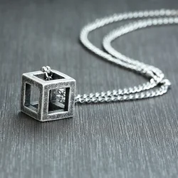 Vnox Retro Hollow Cube Pendant for Men Stainless Steel Square Vintage Necklace Punk Geometric Collier 24