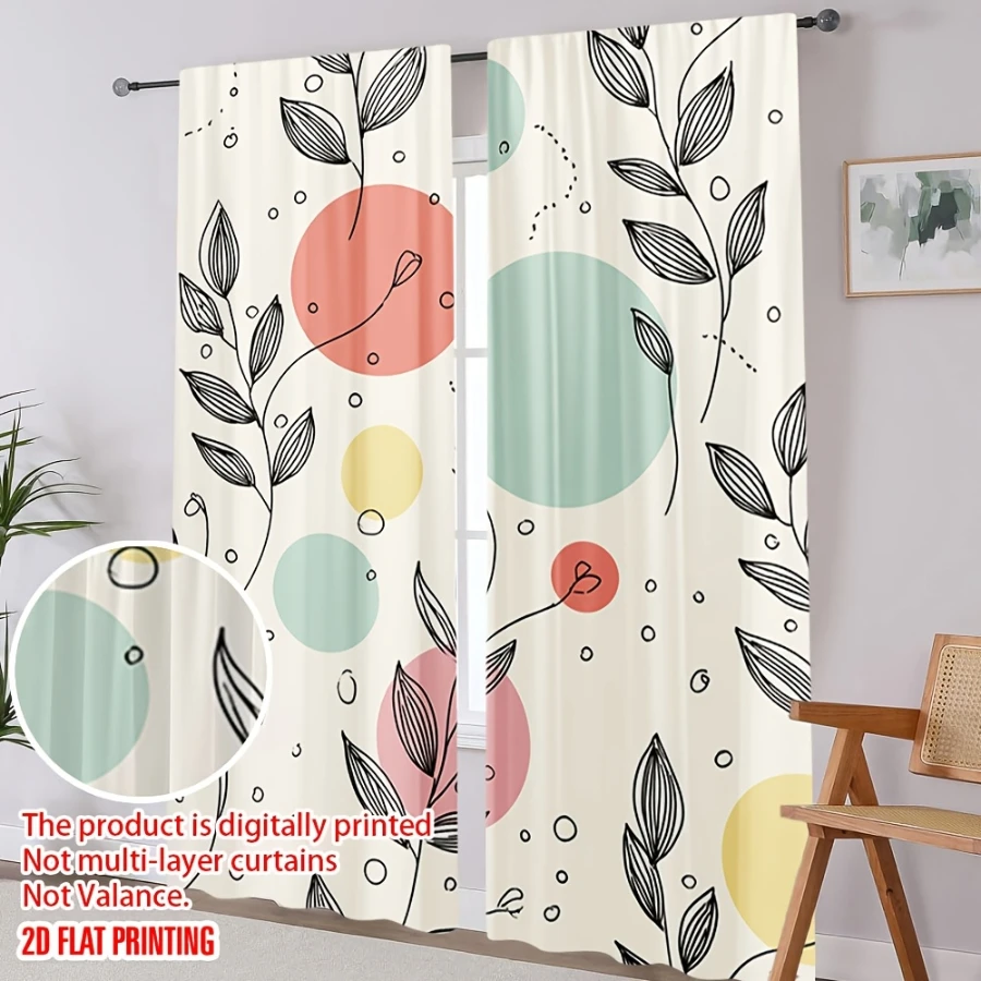2PCS Digital Print  Curtain, Black Leaves Colorful Circles, Modern Home Decor  Curtain for Bedroom Living Room
