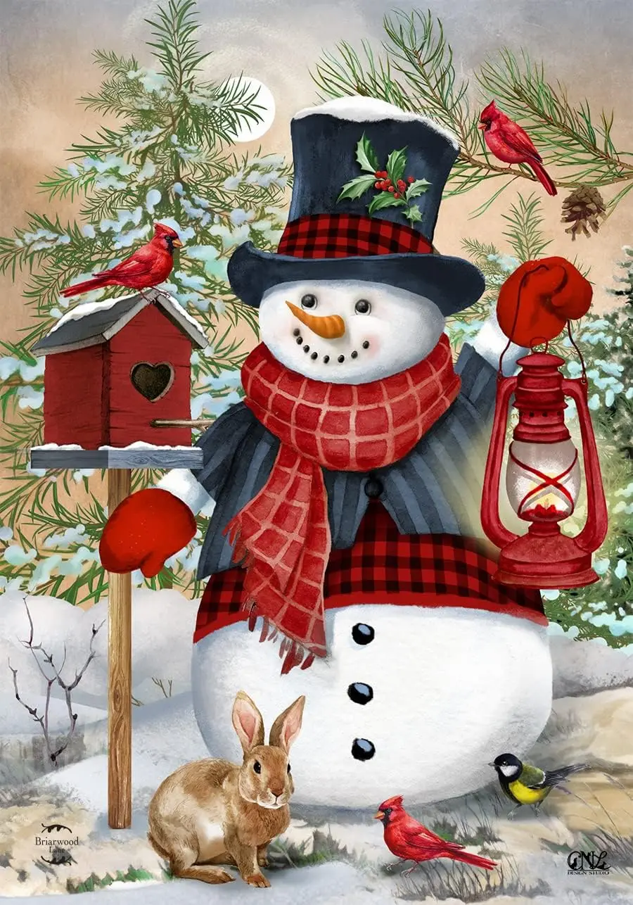 Briarwood Lane Snowman and Friends Winter Garden Flag Birdhouse Lantern Cardinals 12.5