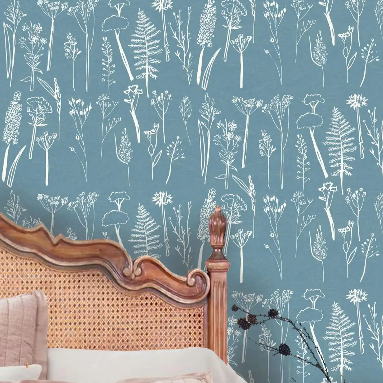 Blue Twigs Wallpaper, Removable Peel and Stick Wallpaper, Vinyl Wallpaper, Wall Art, Home Decor, Blue Background, White Plants,