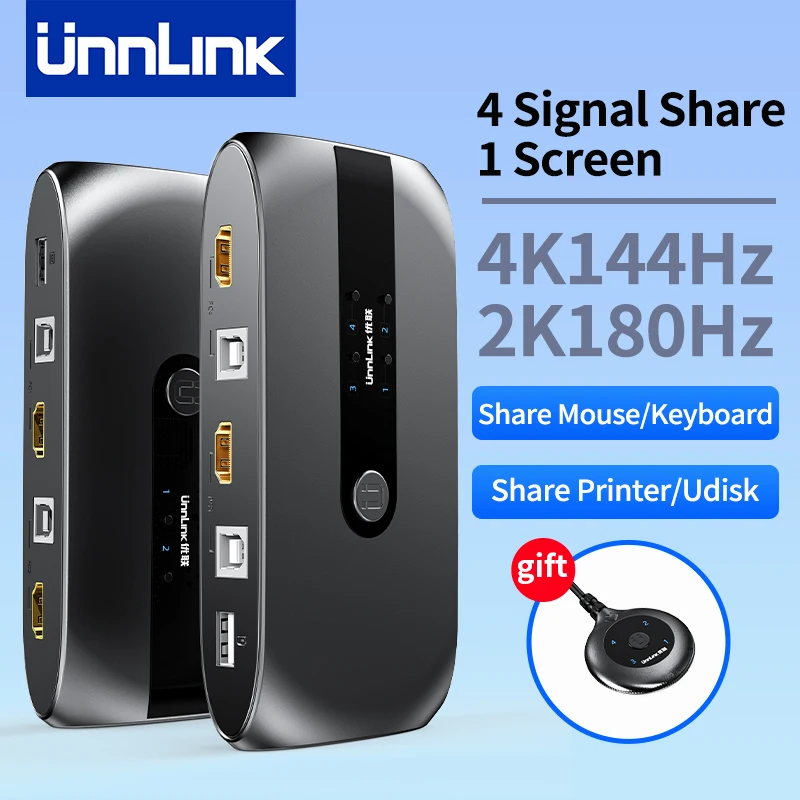 

Unnlink 4K 144Hz HDMI KVM Switch 4 Ports 2K 180Hz with Controller for 4 Computers Share 4 USB Mouse Keyboard Monitor