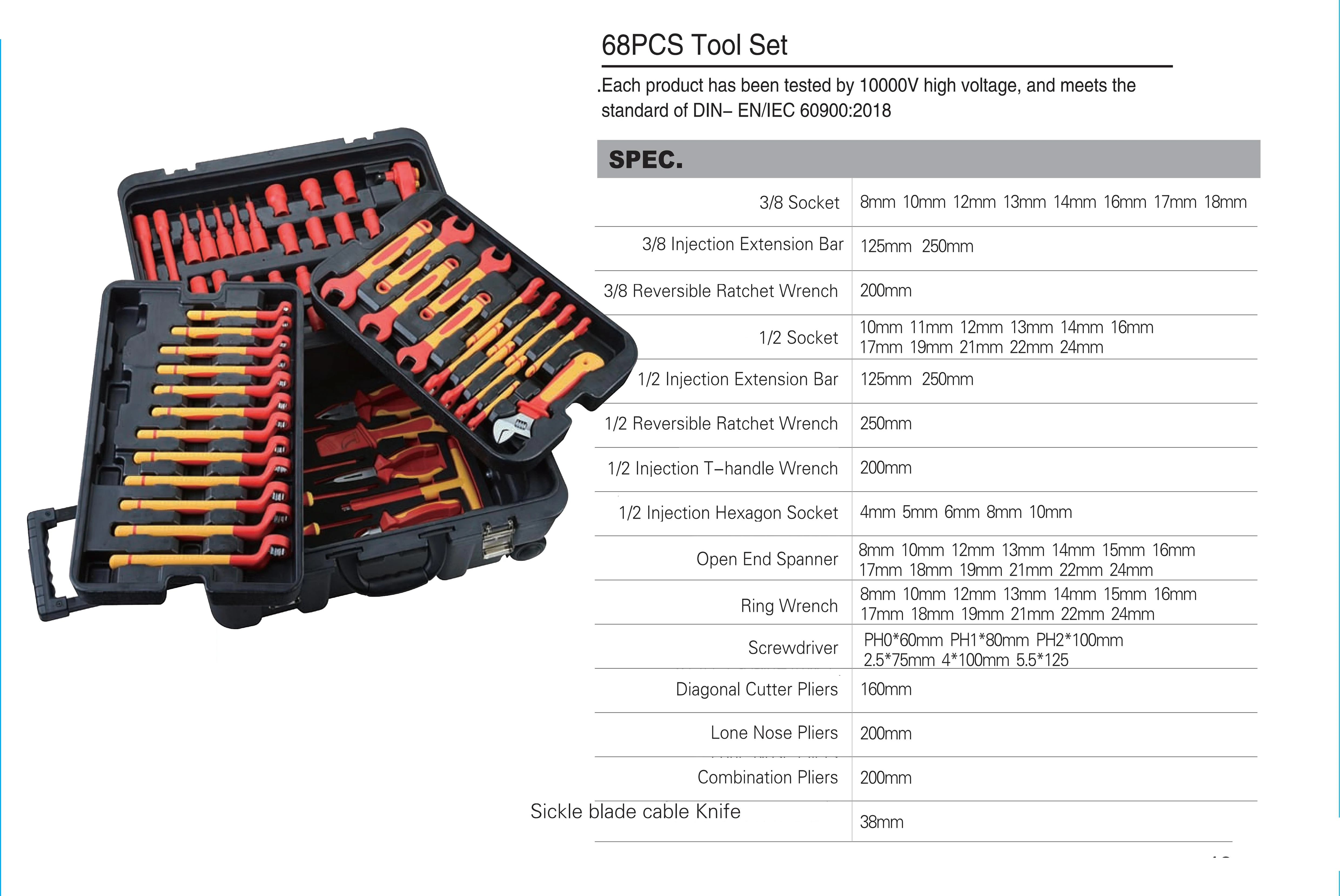 68pcs car repair VDE insulated adjustable wrench 1000V ratchet wrench socket suit