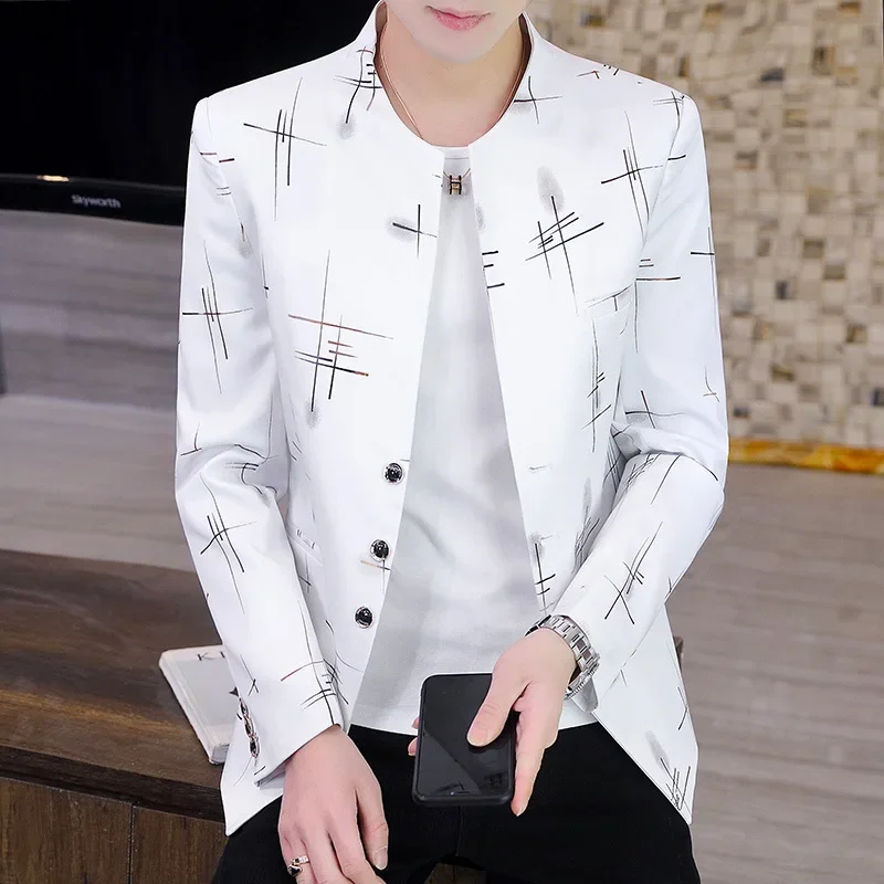 

HOO 2024 Men's Spring New Printed Stand Collar blazer Slim Youth Casual Three-Button blazers