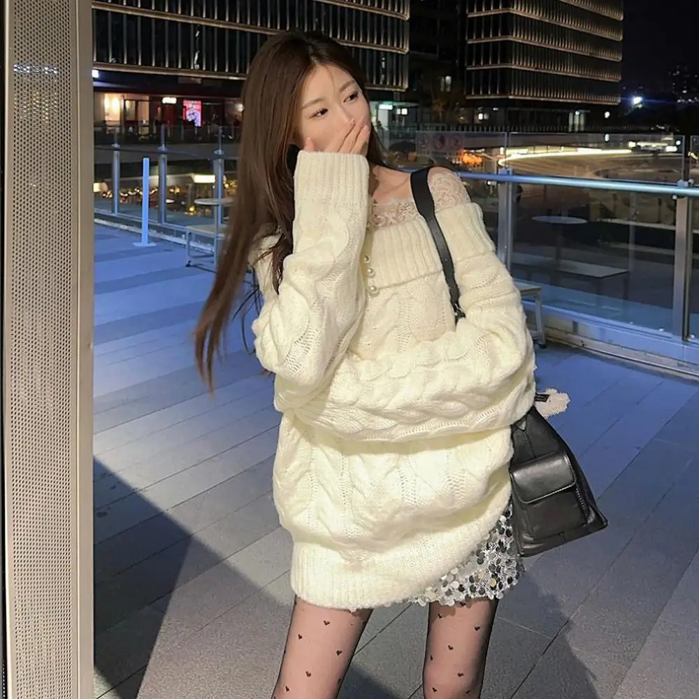 

Lace Long Sleeved Knitwear Bottoming Shirt Pullover Off Shoulder Sweater Top Spring Autumn Winter Loose Knitted Top for Women