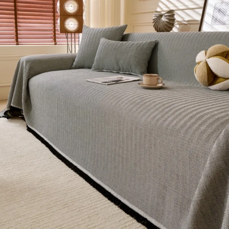 

All-Season Universal Full Coverage Vintage Wave Pattern Sofa Cover Non-Slip Couch Imitation Llinen Solid Couch Camping Blanket