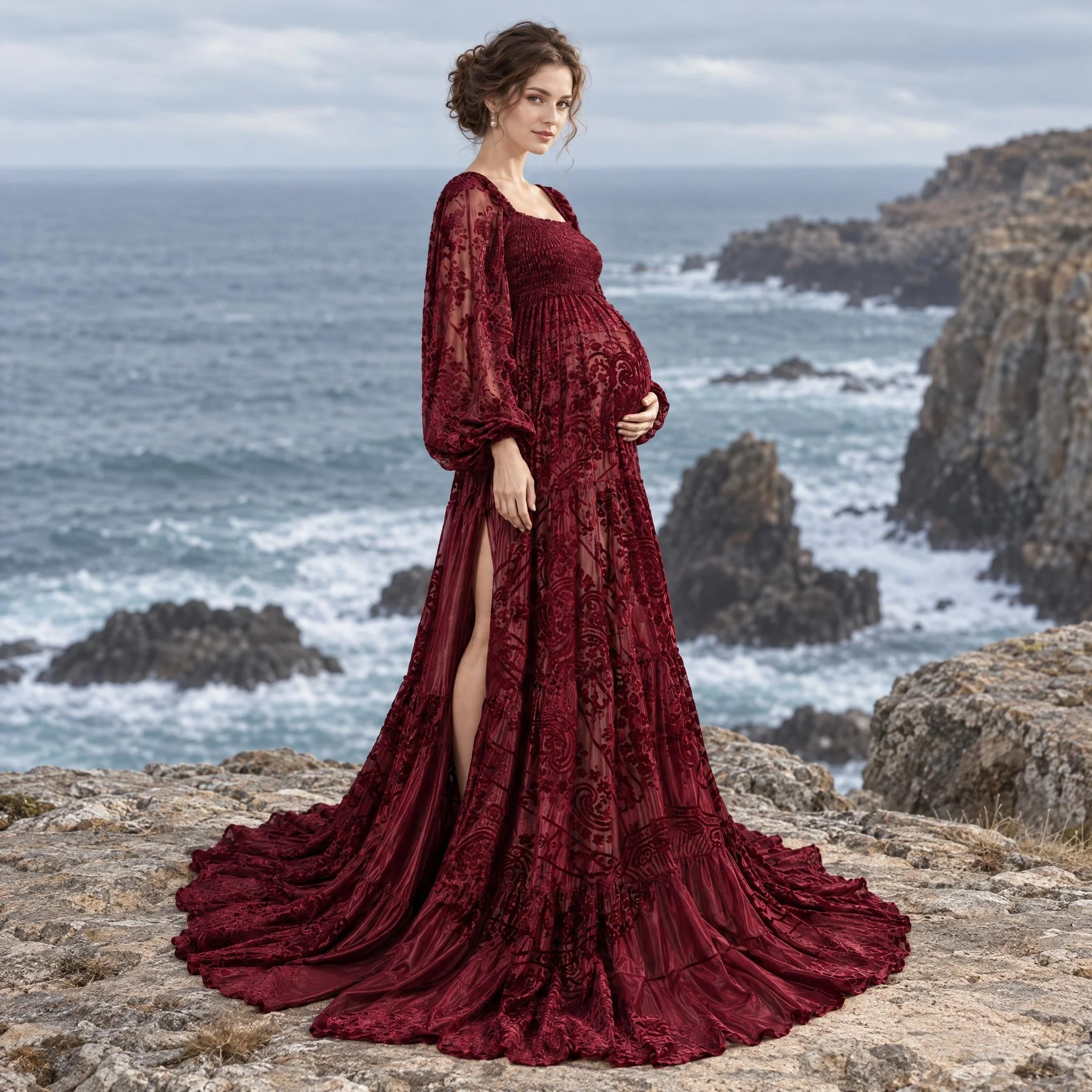 Don&Judy Victorian Burgundy Velvet Stretch Square Neck Long Sleeve Tiered Ball Gown with Side Slit for Photography Occasions
