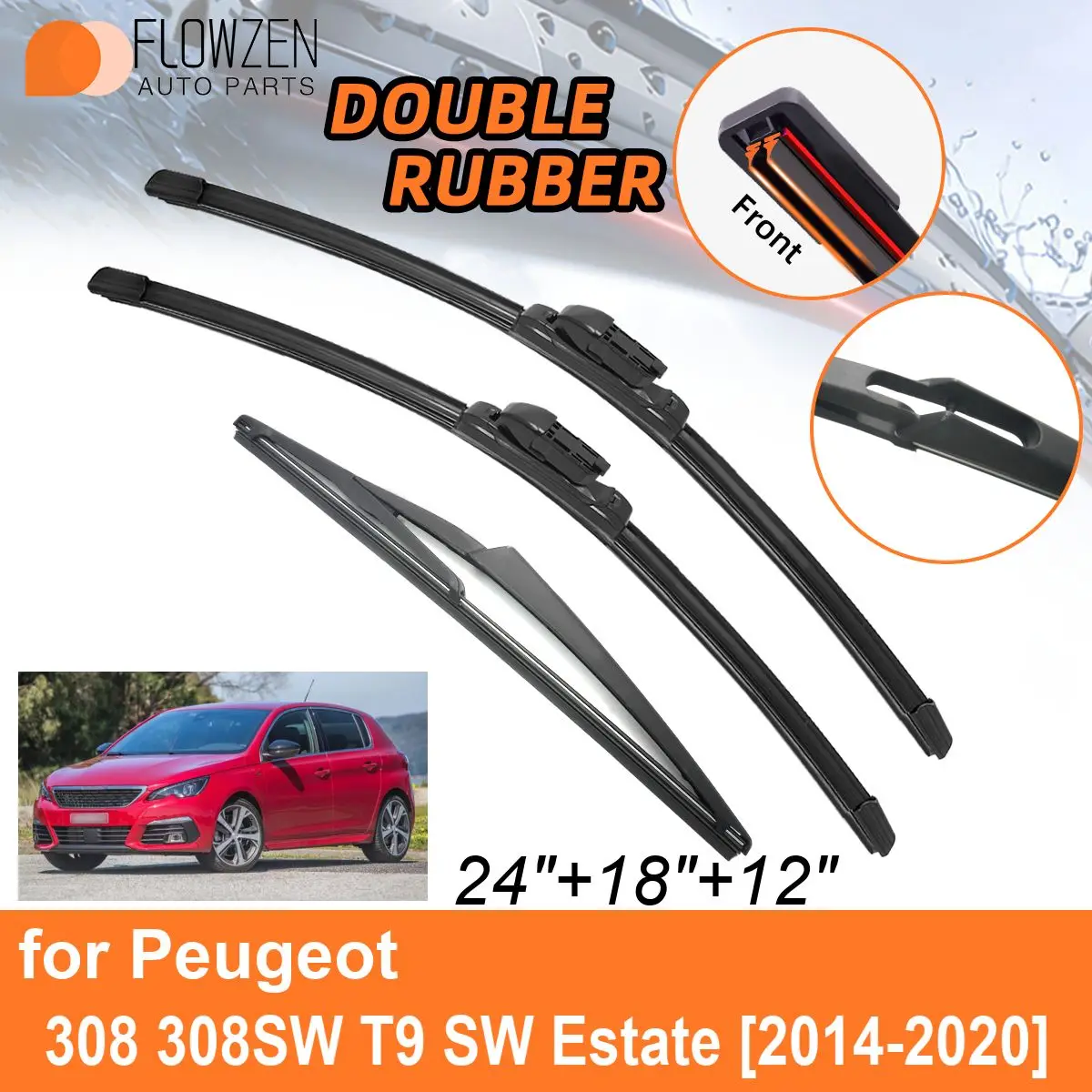 Double Rubber Car Wiper Blades for Peugeot 308 308SW T9 SW Estate 2014-2020 Rear Blades Accessories  2016 2017 2018 2019 2020