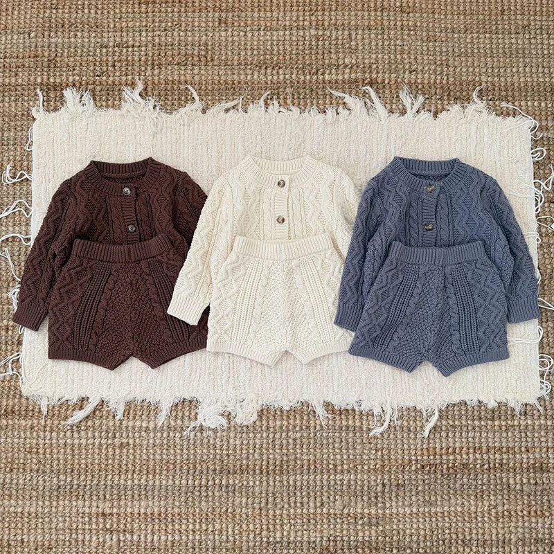 2026 ربيع جديد 0-3 سنوات ملابس الأطفال دعوى أكمام سترة مشغولة من الصوف معطف السراويل طفل رضيع فتاة الفتيان الملابس مجموعة