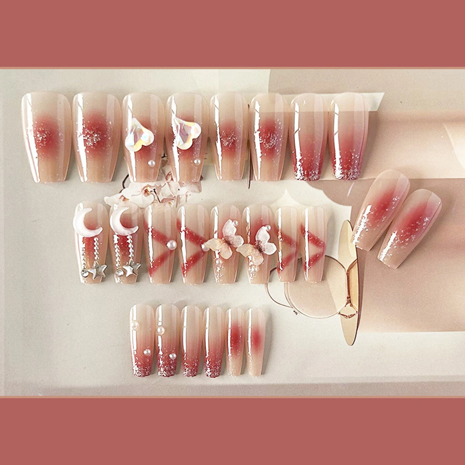 Red Blushed Long Ballerina Nails Waterproof and Scratch-Resistant Fake Nails for Wedding Dating Hand Decoration