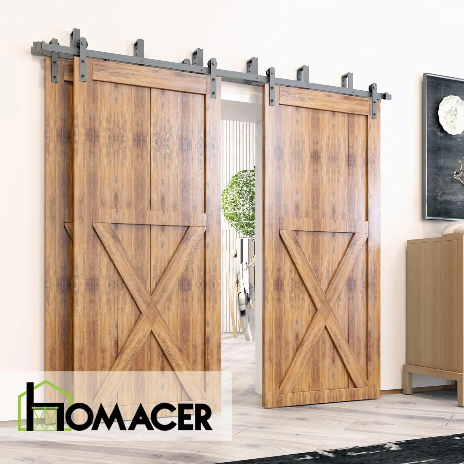 Homacer Black Rustic Double Track U-Shape Bypass Sliding Barn Door Hardware Kit, For Three Doors, 20Ft Long Flat Track,