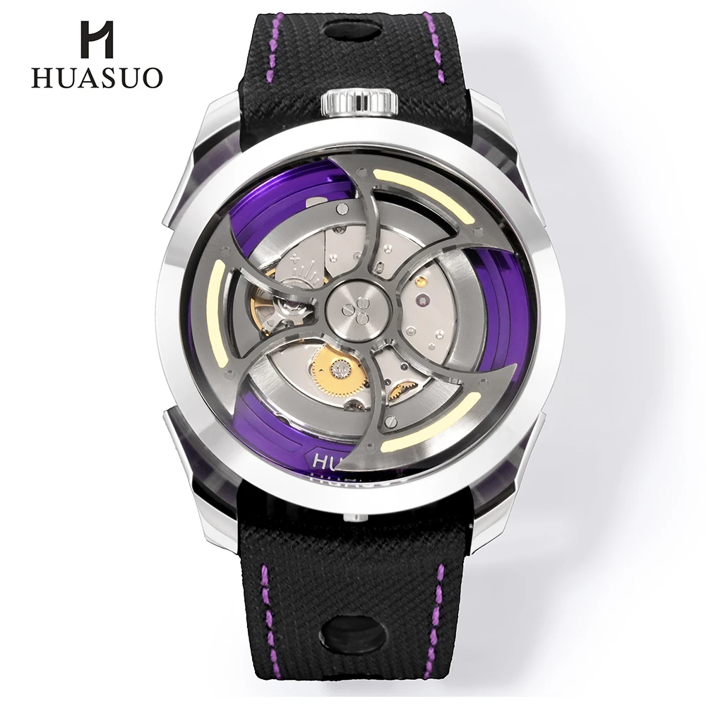 HUASUO New Futuristic Skeleton Men Automatic Watch Japan 9039 Movement 42MM Sapphire Glass Luminous 50M Waterproof Rubber Strap