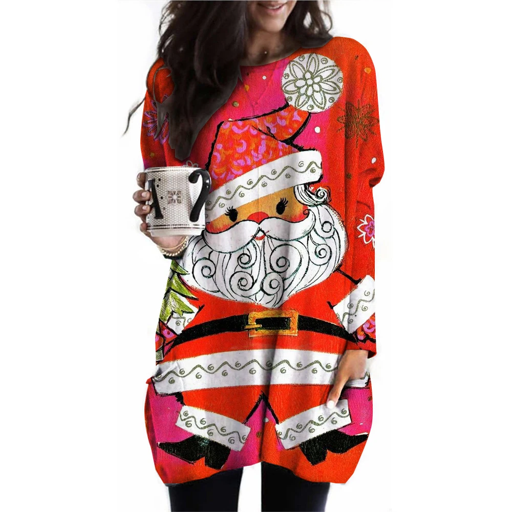 

Christmas party women's long sleeved casual pullover with pockets Santa Claus printed women's T-shirt top