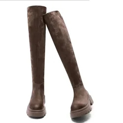 Suede Chelsea Boots Over The Knee Women Flats Shoes Platform New Round Toe Designer Gladiator Boots Goth Punk Sexy Women Shoes