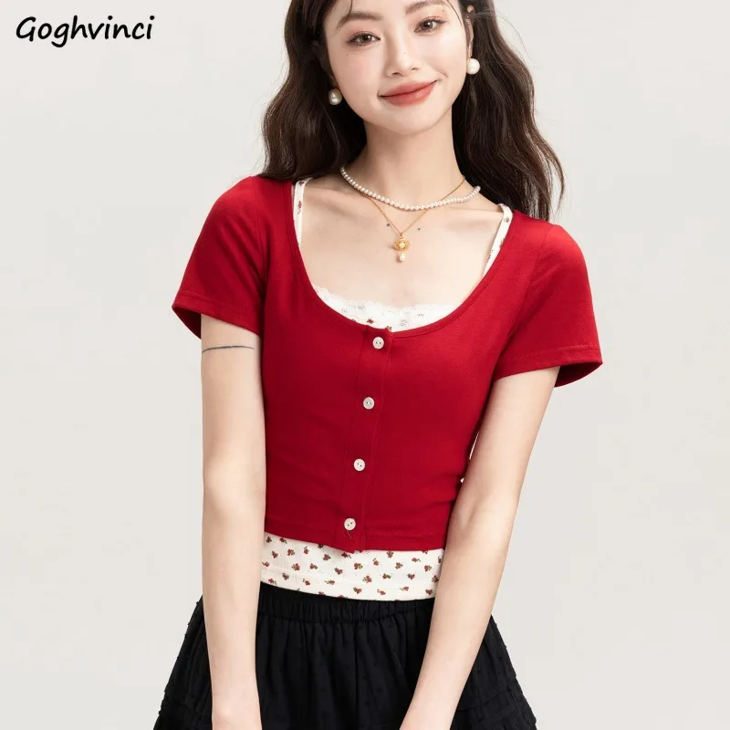 

Футболки женские с цветочным принтом, 2 шт., дизайн с кружевными краями, шикарные, милые, сексуальные, для девочек, корейская мода, популярные летние топы с короткими рукавами на каждый день