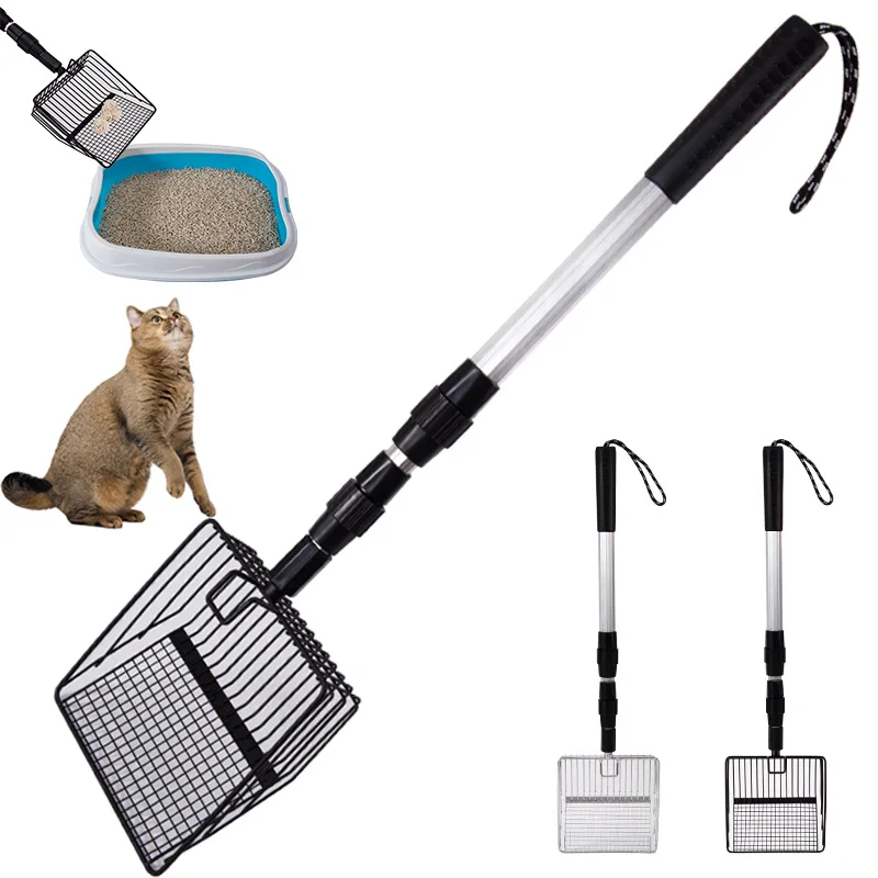 Rastrillo de gallinero estirable, mango telescópico, cuchara para arena para gatos de 3 secciones, mango largo, pala para tamizar caca separadora
